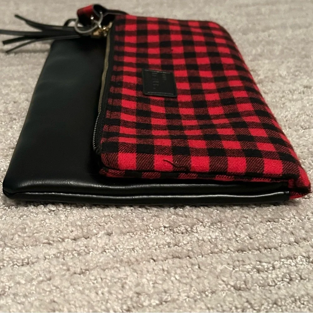 Funky Monkey Foldover Red & Black Buffalo Plaid Clutch Top Zip 10.5” x 7” NWOT